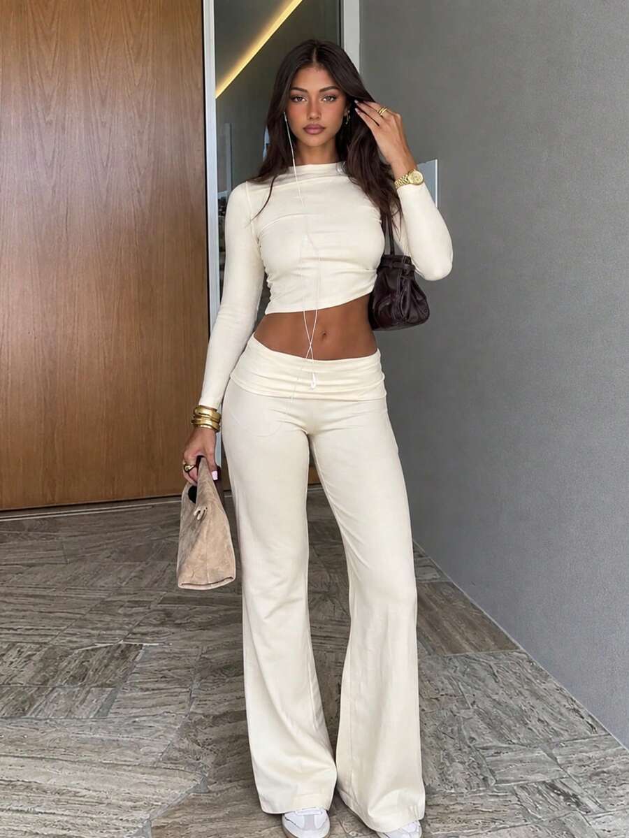 Casual Fashion Yoga Sports Street Commute Long Sleeve Top & Pants Set Elegant - Apricot - View 1