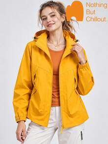 NBCT Women's Urban Functional Adjustable Hood Drawstring Outdoor Softshell Jacket, Dual Side Secure Zipper Pockets, Minimalist Solid Color Light Outdoor Sports Commute Camping Casual Jacket - Sunflower Yellow - View 1