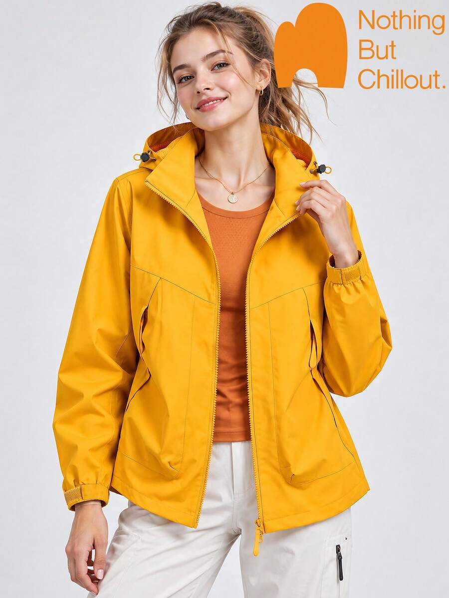 NBCT Women's Urban Functional Adjustable Hood Drawstring Outdoor Softshell Jacket, Dual Side Secure Zipper Pockets, Minimalist Solid Color Light Outdoor Sports Commute Camping Casual Jacket - Sunflower Yellow - View 1