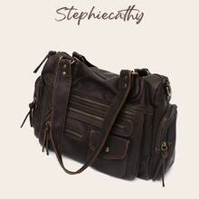 STEPHIECATHY Solid Color Washed PU Leather, Zipper Closure, Multi-Pocket Design, Adjustable Long Strap, Women's Shoulder Crossbody Bag, Casual & Practical - Coffee Brown - View 3