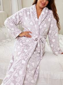 Plus Size Women's V-Neck Long Sleeve Flannel Thickened Robe, Autumn/Winter Casual Heart Pattern With Belt, Long Robe Loungewear - Grey - View 3