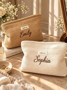 1pc Custom Knitted Jewelry Storage Bag, Embroidered Name Cosmetic Bag, Wheat Ear Pattern Washbag, Bridesmaid Gift - Multicolor - View 8