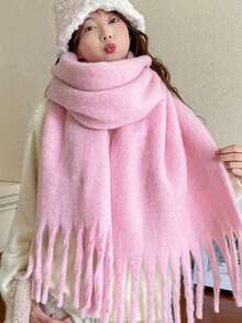 1pc Women's Solid Color Thick Mohair Fringe Large Scarf, Autumn/Winter Long Warm Shawl, Fluffy Plush Fabric, Soft Matte Texture, Shawl Hat - Pink - View 3