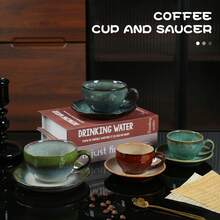 Classic Ceramic 2-Piece Coffee Cup And Saucer Set, Retro Color Series, Suitable For Home Or Cafe, Dishwasher, Microwave, Oven And Refrigerator - Multicolor - View 1