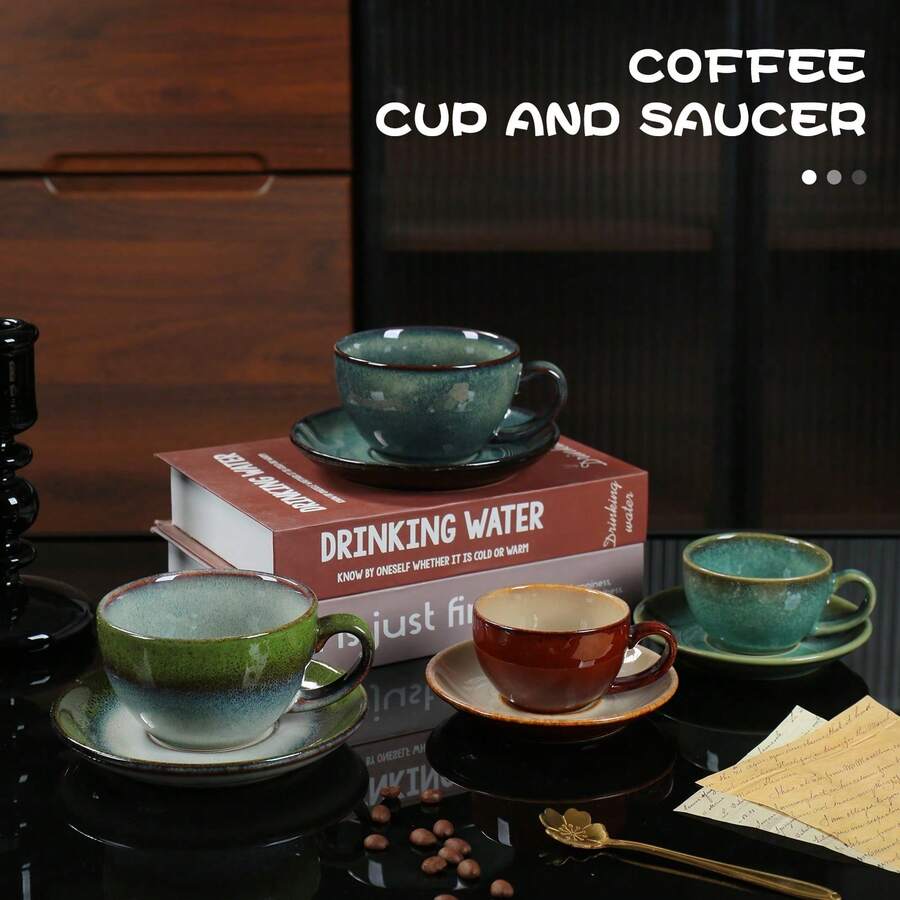 Classic Ceramic 2-Piece Coffee Cup And Saucer Set, Retro Color Series, Suitable For Home Or Cafe, Dishwasher, Microwave, Oven And Refrigerator - Multicolor - View 1