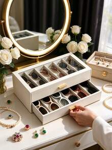 1pc Multi-Compartment Fashion Glasses Storage Box, Double Layer With Drawer Eyewear Organizer, Home Vanity Jewelry Fashion Glasses Divided Storage, Home Travel Jewelry Eyewear Integrated Storage Display Box - Multicolor - View 1