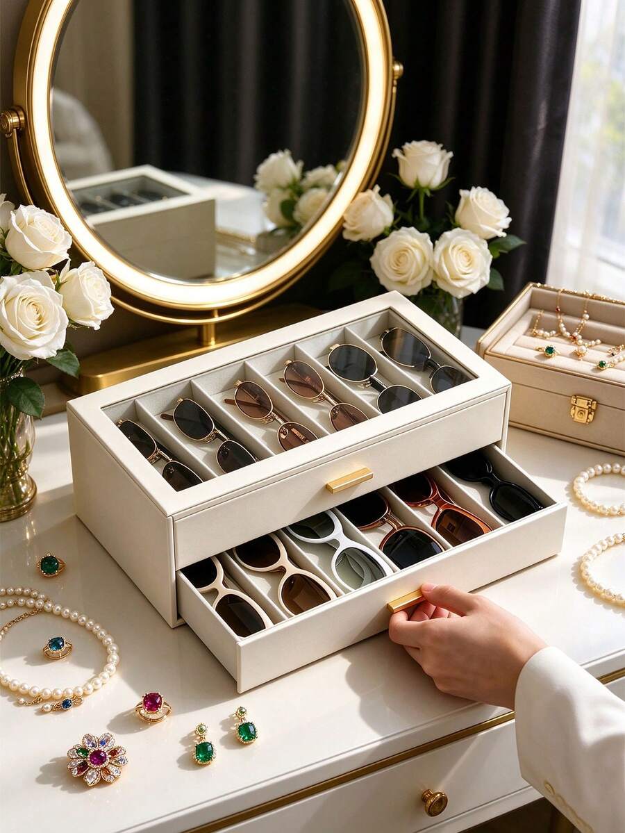 1pc Multi-Compartment Fashion Glasses Storage Box, Double Layer With Drawer Eyewear Organizer, Home Vanity Jewelry Fashion Glasses Divided Storage, Home Travel Jewelry Eyewear Integrated Storage Display Box - Multicolor - View 1