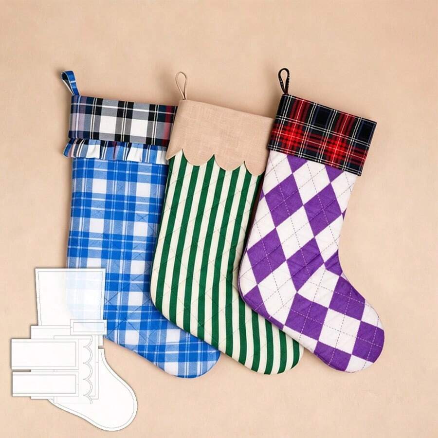 7pcs/Set Creative Christmas Stocking Decorations Sewing Template, Full-Lined Christmas Stocking Sewing Pattern, Three Cuff Styles Including Straight Edge, Wavy Edge And Ruffle Edge, Reusable PET Template, Perfect Christmas Handmade Gift