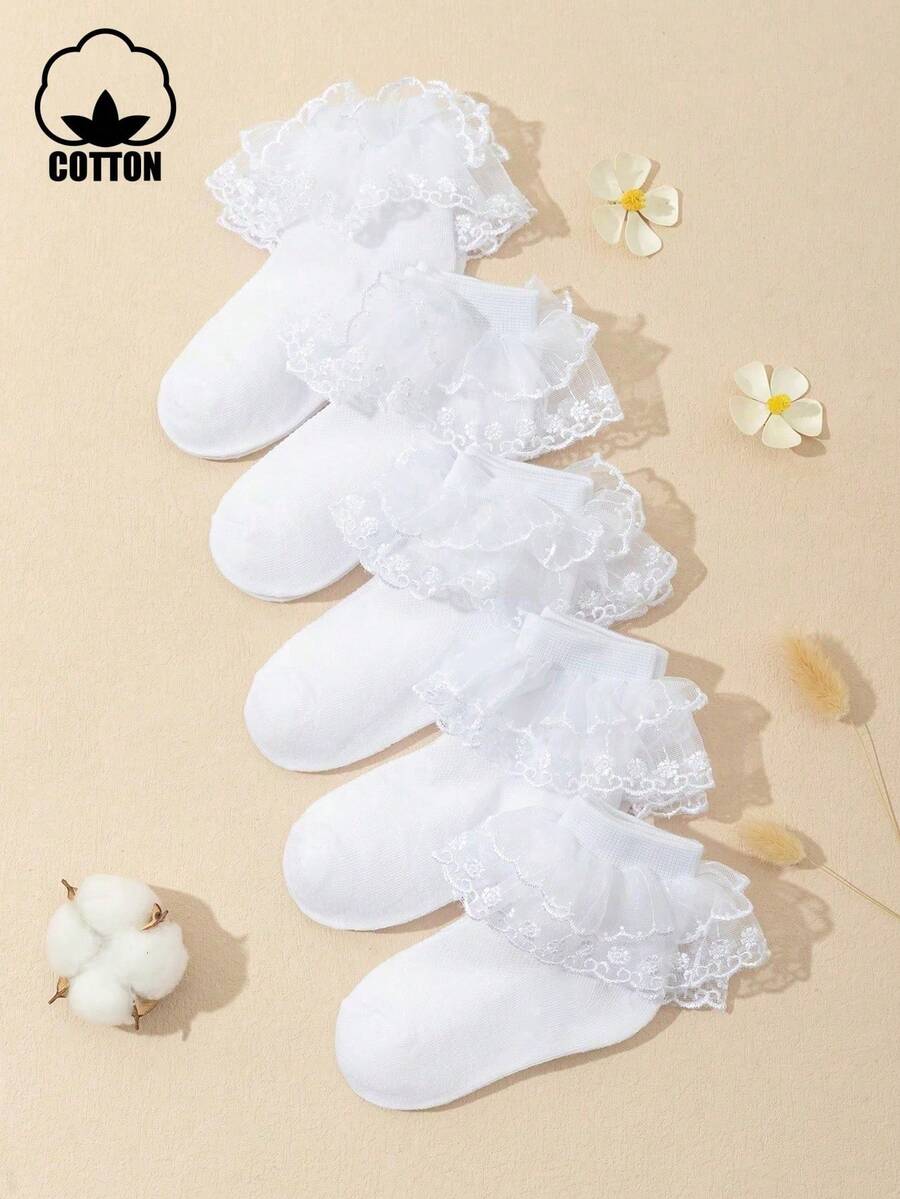 5 Pairs Girls' Solid Color Fashionable Ruffle Trim Cotton Short Princess/Dance Socks - White - View 1
