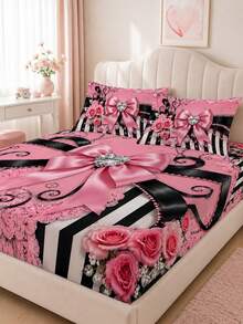 3pcs Pink & Black Bow Bed Sheet Set, Rose Lace Heart Rhinestone Print (1 Bed Sheet + 2 Pillowcases, Pillow Inserts Not Included), Comfortable & Breathable, Multiple Sizes Available, Suitable For Master Bedroom, Guest Room, Etc. - Multicolor - View 7