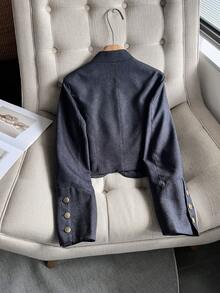 FGGG Women's Colorblock Lace Placket Long Sleeve Stand Collar Slim Fit Cropped Denim Jacket, Deep Blue, Playful Ballet Style, Casual Date, Spring Autumn Winter - Teal Blue - View 9