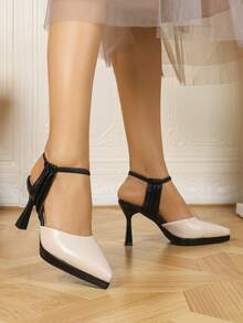 Women's Elegant Apricot Color Patchwork Pointed Toe Pumps, Stiletto Heel Ankle Strap Buckle, Commute And Date High Heels - Apricot - View 9