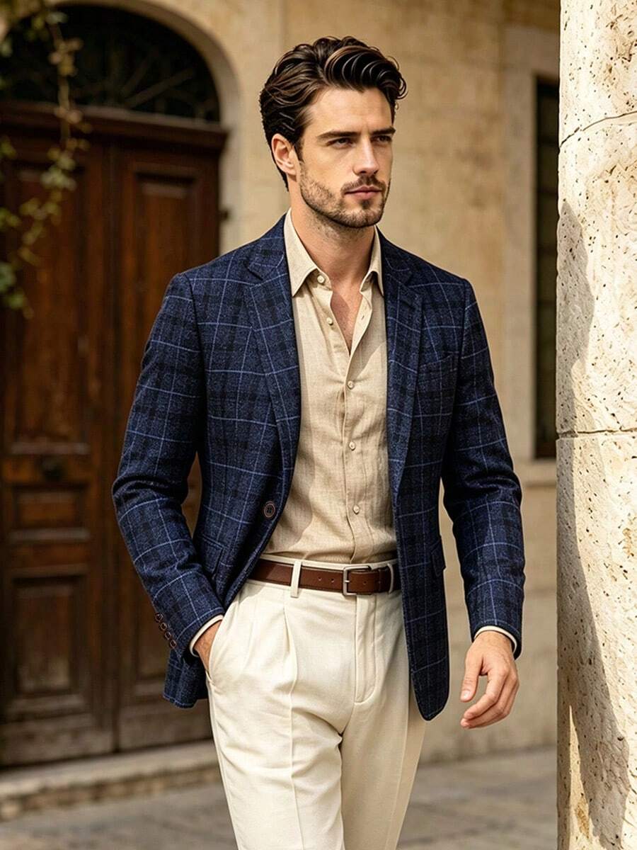Old Money Style Men's Suit, Vintage Durable Fabric, Classic Slim Fit, Suitable For Formal/Semi-Formal Social Events, Family Gatherings, Banquet Hosting - Royal Blue - View 1