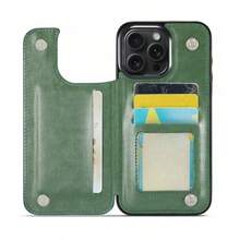復古啞光奢華手機殼，適用於 iPhone Air、17、16e、16、15、14、13、12、11 Pro Max、16 Plus、15 Plus、14 Plus、7、8 Plus。具備多功能翻蓋設計，雙磁吸扣、內置支架與多個信用卡卡槽，高品質 PU 皮革材質，細膩紋理，耐磨防刮 - 墨綠色 - 查看 1