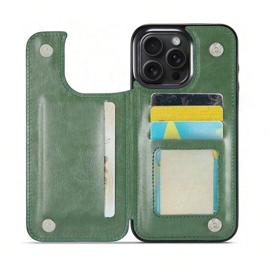 復古啞光奢華手機殼,適用於 iPhone Air、17、16e、16、15、14、13、12、11 Pro Max、16 Plus、15 Plus、14 Plus、7、8 Plus。具備多功能翻蓋設計,雙磁吸扣、內置支架與多個信用卡卡槽,高品質 PU 皮革材質,細膩紋理,耐磨防刮 - 墨綠色 - 查看 1