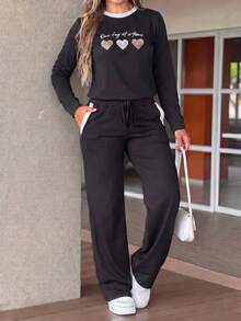 LUNNELUX Ensemble deux pièces pour femmes automne, top à manches longues imprimé cœur noir & pantalon à jambes larges rayé, tenue de sport décontractée pour Halloween et retour à la maison - Noir - Voir 3