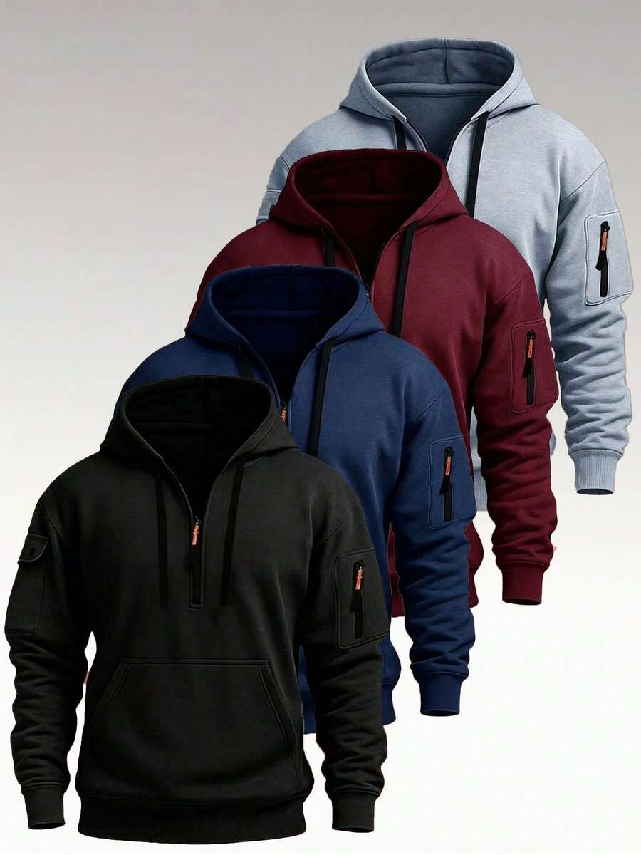 Sweatshirt berkerudung setengah resleting pria dengan tudung bertali, saku lengan berresleting, dan desain saku kanguru, cocok untuk berkemah, mendaki, dan berbagai aktivitas rekreasi luar ruangan. - Hitam - View 1