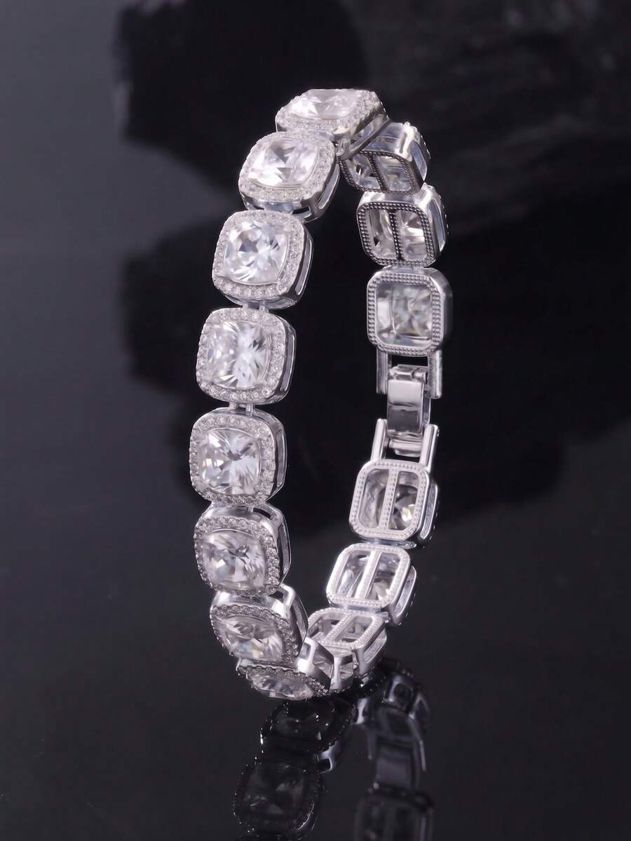 1pc 12mm Wide Zinc Alloy Rhinestone Square Cuban Link Bracelet, Unisex Heavy Thick Side Chain, Men's Jewelry, Gift For Men, Hip Hop Street Style, Suitable For Daily Wear, Stage Performance, Party And Birthday Gift - A - View 1