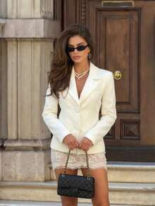 Elegant Solid Color Double-Button Long Sleeve Jacket For Office And Commute - Apricot - View 2