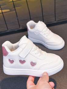 Girls' High-Top White Sneakers With Glitter Heart Hook And Loop Closure, Soft Sole Anti-Slip Casual Sports Shoes For Spring And Autumn - White - View 4