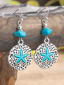 1 Pair Bohemian Long Hook Earrings, Distressed Hollow Round Disc Design With Asymmetrical Faux Turquoise Stone And Metal Beads, Atmosphere Earrings Suitable For Casual Vacation Wear - Antique Silver - View 5