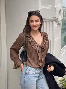 Women's Vintage Brown Deep V-Neck Long Sleeve Ruffle Blouse, Elegant Pleated Knot Detail Top, Suitable For Autumn Wear - Brown - View 6