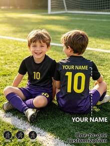 Children's Sports Jersey With Burn-Out Design, Customizable Name Soccer Uniform Set, No. 10 Star Player Style, Boys & Girls Short Sleeve & Shorts 2 Pieces Set - Black - View 2
