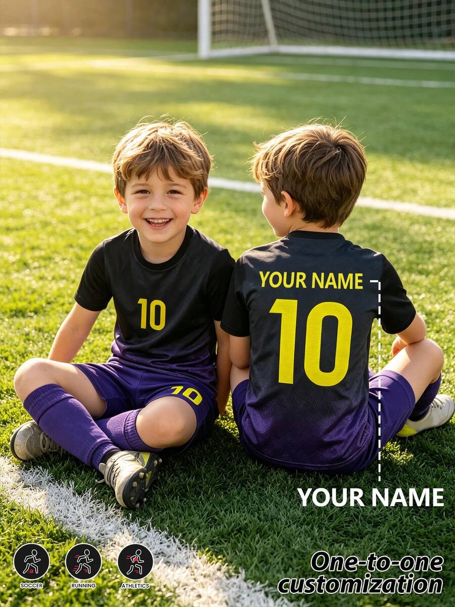 Children's Sports Jersey With Burn-Out Design, Customizable Name Soccer Uniform Set, No. 10 Star Player Style, Boys & Girls Short Sleeve & Shorts 2 Pieces Set