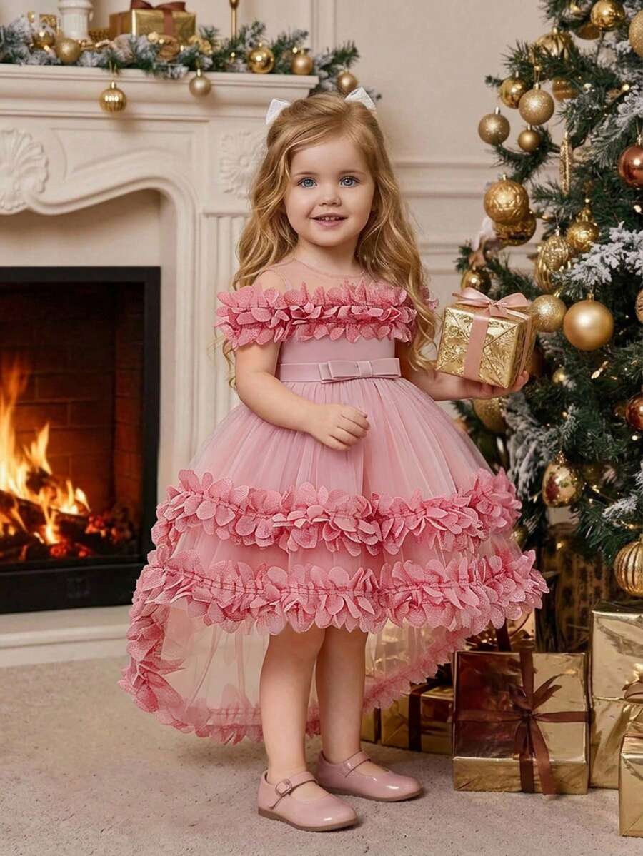 Baby Girls Round Neck Small Bow 3D Ruffle Mesh Cute Flower Girl Train Dress Suitable For Party, Headband Not Included - Dusty Pink - View 1