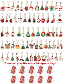 10pcs/Set[10 Random Style Keychains + 10 Cards + 10 Mesh Bags] Christmas Theme Keychains, With Santa Claus, Snowman, Gingerbread Man, Bell, Reindeer And Other Designs, With Christmas Hug Greeting Card And Blessing Message, Random Keychain Styles - Multicolor - View 1