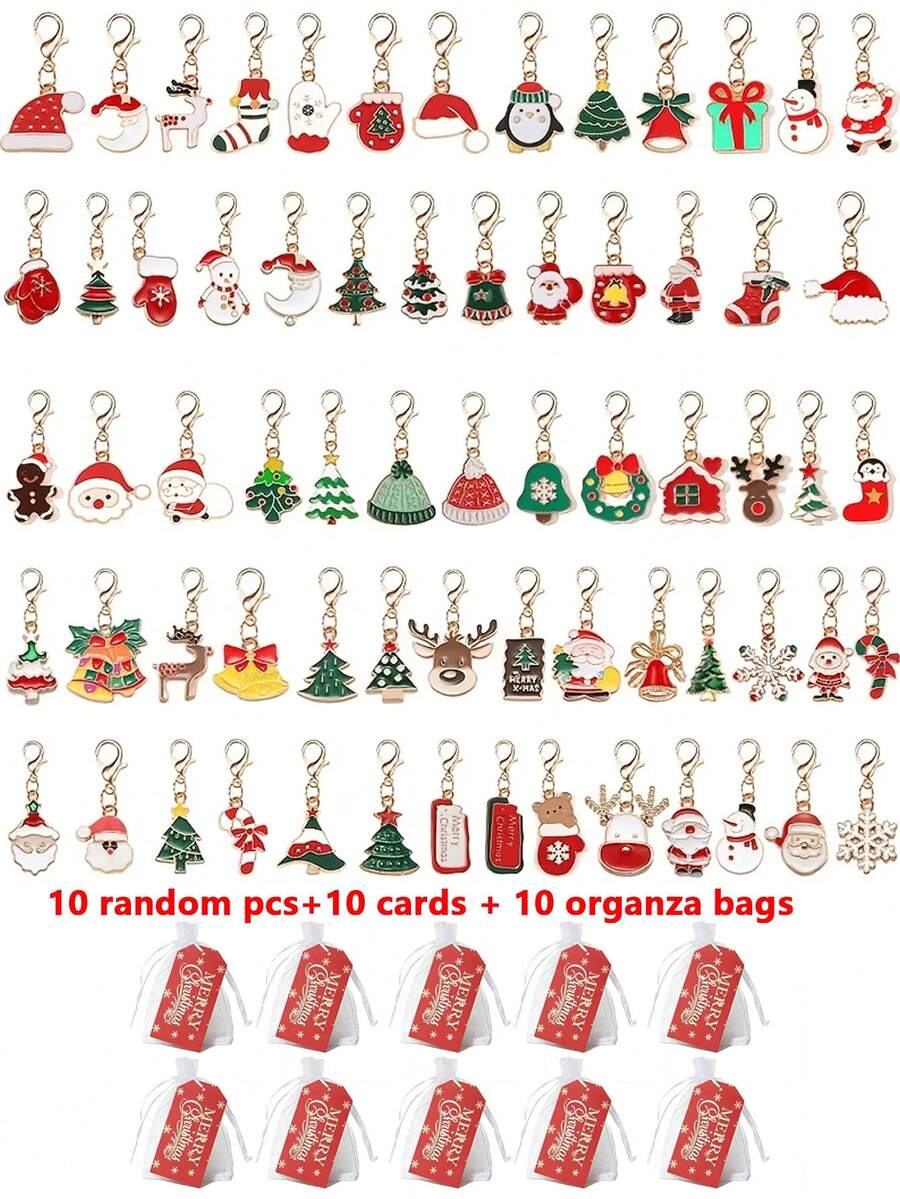 10pcs/Set[10 Random Style Keychains + 10 Cards + 10 Mesh Bags] Christmas Theme Keychains, With Santa Claus, Snowman, Gingerbread Man, Bell, Reindeer And Other Designs, With Christmas Hug Greeting Card And Blessing Message, Random Keychain Styles - Multicolor - View 1