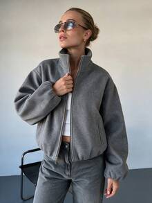 2026 Autumn New Women's Wool Blend Long Sleeve Stand Collar Soft Flight Jacket Coat, Autumn/Winter Top - Grey - View 8