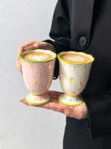 1pc Spring Embossed Floral Ceramic Handheld Coffee Mug, Healing Style 3D Ditsy Floral High Cylinder Ceramic Cup, Dopamine Cup Rim Outline & Large Capacity Ice Cream Cup, Suitable For Coffee, Mate Tea, Black Tea, Dishwasher - Multicolor - View 12
