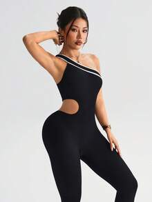 Women's Seamless Ribbed One-Shoulder Sports Jumpsuit, Contrast Binding Side Waist Cutout Design, Tummy Control Butt Lifting Shaping Yoga Fitness Leggings, Suitable For Sports, Training And Daily Wear - Black - View 6