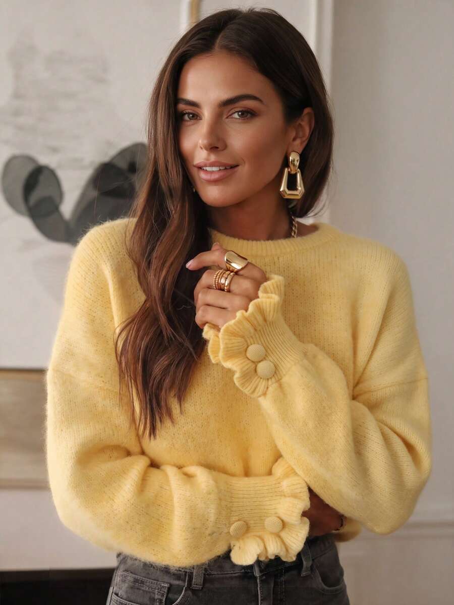 Fashion Plus Size Yellow Knit Sweater, Long Sleeve Design With Unique Ruffle Cuffs, Regular Length, Medium Stretch, Suitable For Autumn Wear - Yellow - View 1