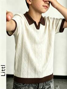 Boys' Jacquard Hollow Knit Contrast Collar Short Sleeve POLO Sweater - Apricot - View 8