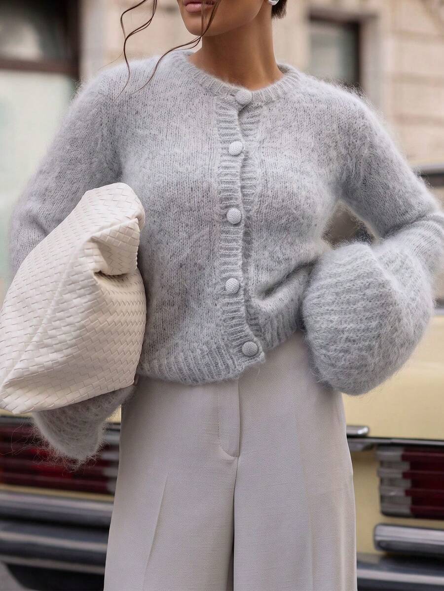 Just Masa Women's Fuzzy Knit Cardigan,Casual Elegant Vintage Button Front Long Sleeve Sweater Jacket Top,For Going Out,Vacation,Fall Winter Outfit - Grey - View 1