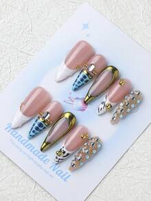 10pcs Handmade Press-On Nails, Long Pointed Shape, Autumn Style, Y2K Design, Durable And Reusable, White French Style, 3D Design, Suitable For Autumn/Winter Daily Wear, Party, Vacation, Best Holiday Gift For Women - White - View 3