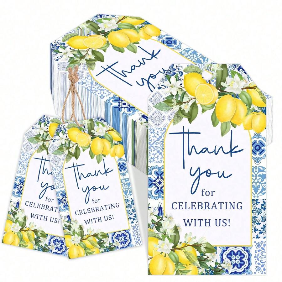 25/50pcs Lemon Blue Tile Thank You Gift Tags With Jute Rope, Thank You ...