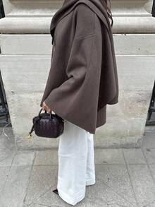 Áo cardigan len nữ dáng rộng tay dài, thiết kế cắt bất đối xứng kiểu khăn choàng, thời trang Thu/Đông, phong cách thường ngày - Màu nâu Sô-cô-la - Xem 8