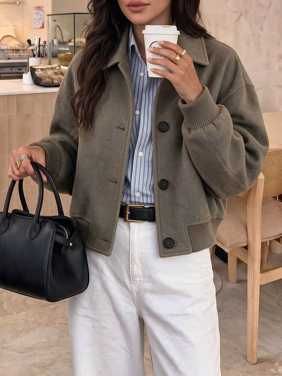 Notched Collar Wool Ribbed Hem Jacket, Casual Daily Home Street Travel Outerwear, Autumn/Winter - Coffee Brown - View 1
