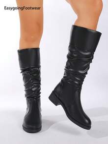 Women's Fashion Ruched Round Toe Low Chunky Heel Casual Mid-Calf Boots - Black - View 5