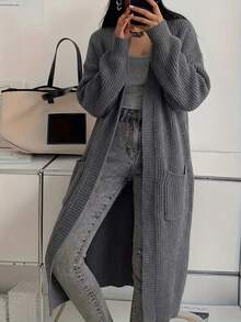 NZZOF Cardigan Rajut Panjang Lengan Panjang Polos Kasual Wanita dengan Bahu Longgar untuk Musim Gugur/Dingin - Grey - View 1