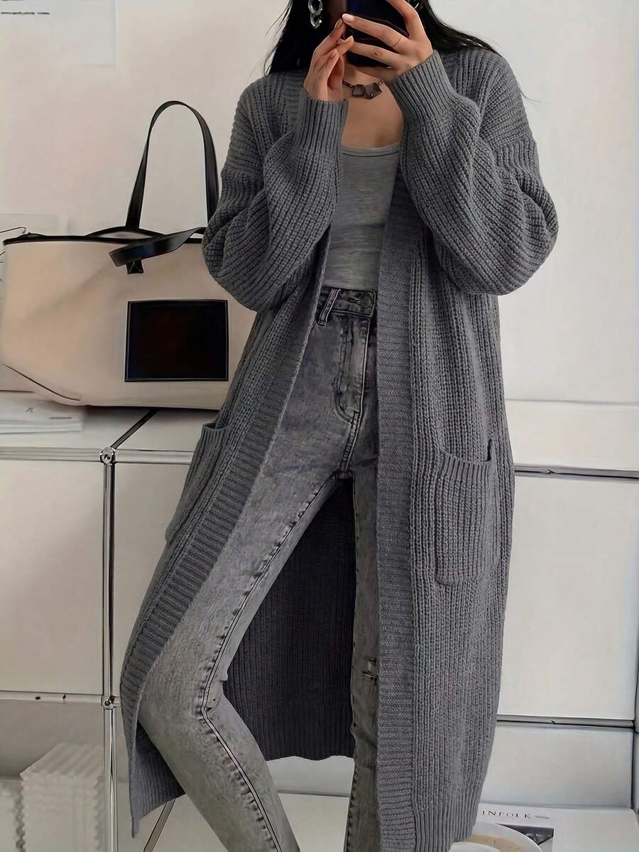 NZZOF Cardigan Rajut Panjang Lengan Panjang Polos Kasual Wanita dengan Bahu Longgar untuk Musim Gugur/Dingin - Grey - View 1