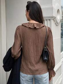 Women's Vintage Brown Deep V-Neck Long Sleeve Ruffle Blouse, Elegant Pleated Knot Detail Top, Suitable For Autumn Wear - Brown - View 5