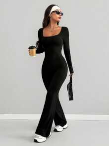 VENORA Women Square Neck Long Sleeve Jumpsuit, Back Cutout Flared Leg One‑Piece Outfit, High Stretch Bodycon Slim Fit Black Jumpsuit For Daily,Fall - Black - View 5