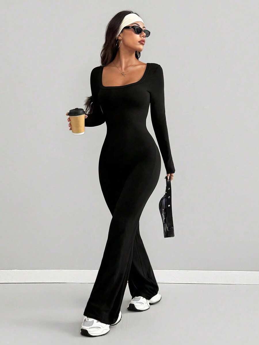 VENORA Women Square Neck Long Sleeve Jumpsuit, Back Cutout Flared Leg One‑Piece Outfit, High Stretch Bodycon Slim Fit Black Jumpsuit For Daily,Fall - Black - View 1
