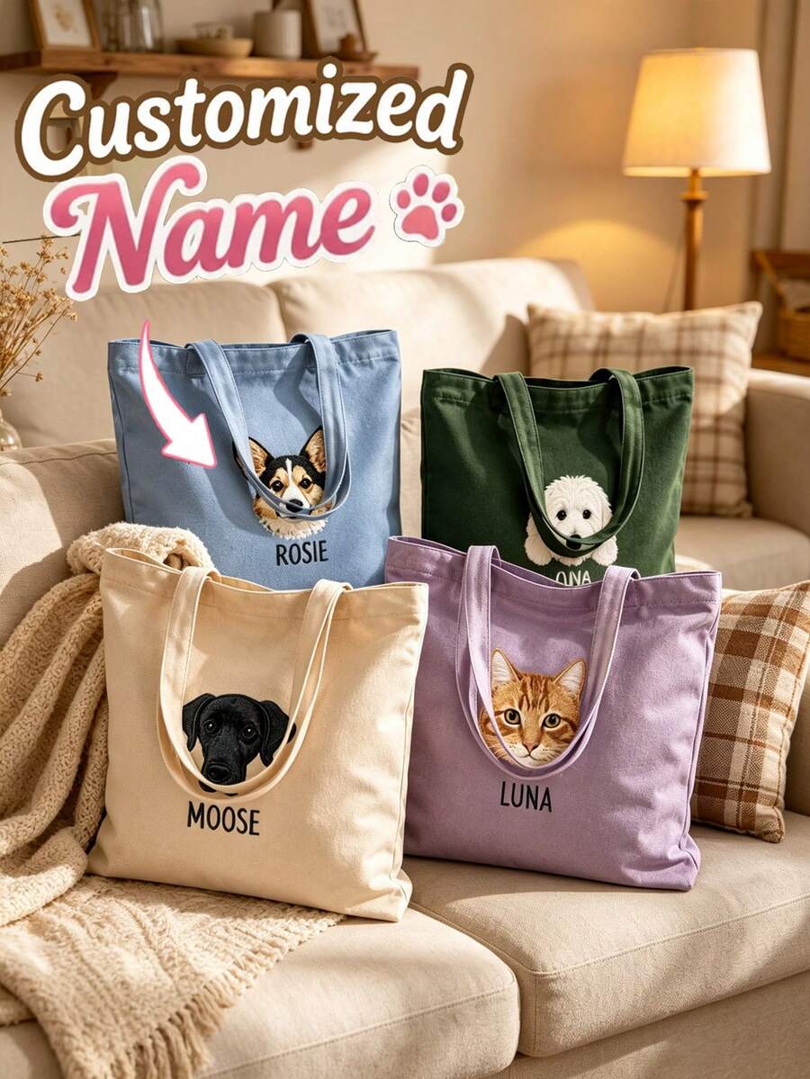 Personalized Pet Photo & Name Tote Bag, Large Capacity Shoulder Bag, Customizable Foldable Tote Bag With Name Logo Text, Multiple Colors Available, Solid Color Large Capacity Shoulder Bag - Multicolor - View 1