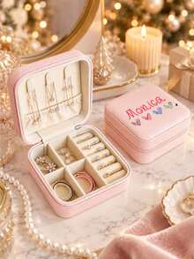 Personalized Custom Name Jewelry Box, Heart Embroidery Portable Travel Jewellery Storage Case, Mini Ring Earring Necklace Organizer, Christmas Birthday Gift For Women - Multicolor - View 8