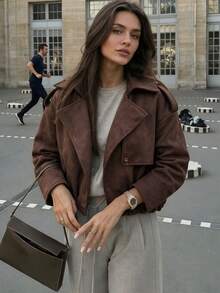 Autumn/Winter Fashion Zipper Long Sleeve Jacket, Urban Streetwear, Date Night, Brown, Fall Fashion, Office Wear - Coffee Brown - View 3
